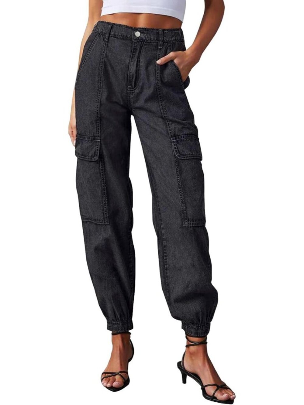 Women's Black Denim Drawstring Elastic Y2k Pull On High Waisted Baggy Jeans